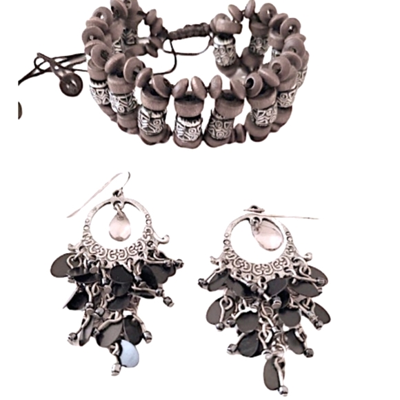 Vintage Silver Bohemian Antiqued Metal Beaded Chandelier Earrings Bracelet Set - Picture 8 of 8